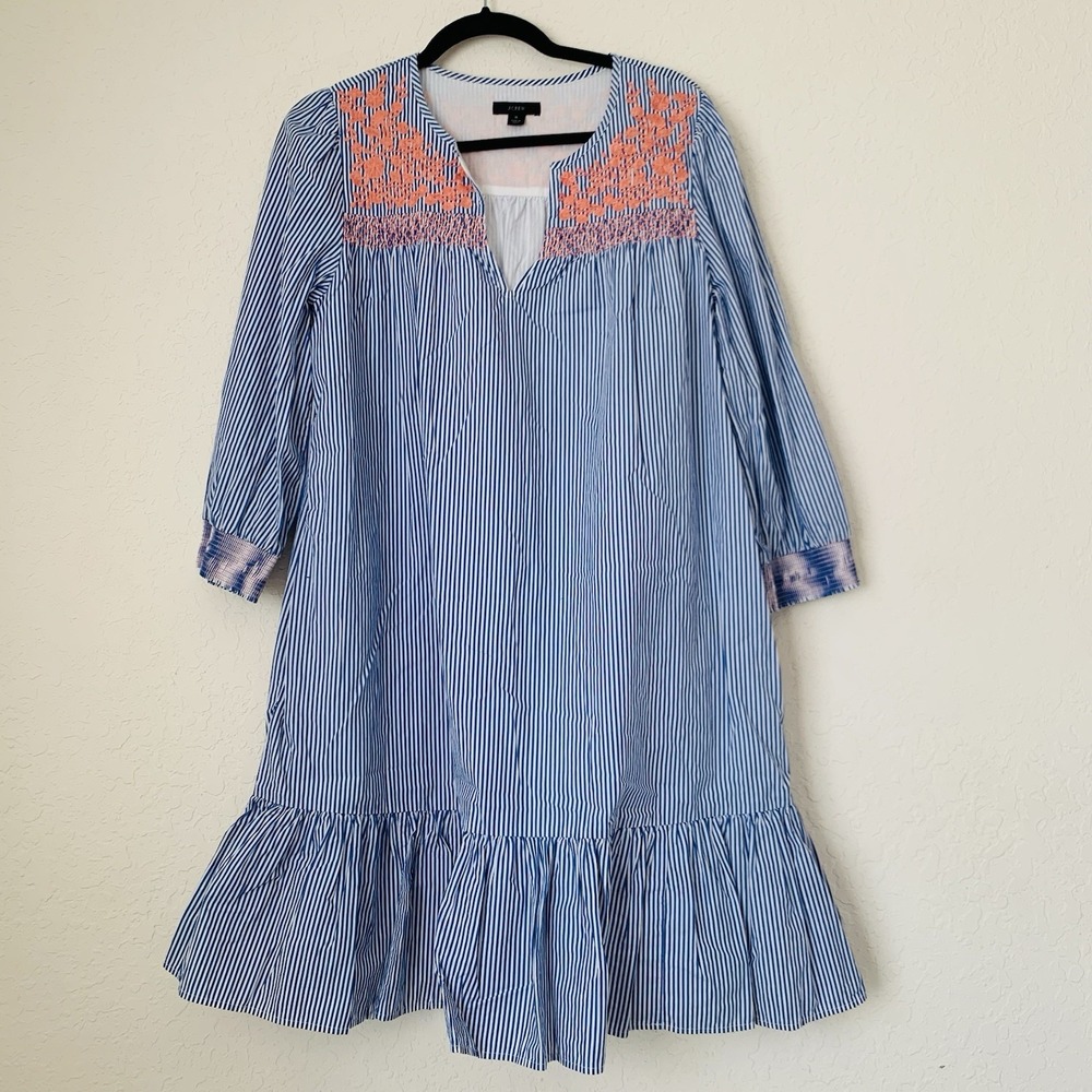 J CREW Leda Dress S Blue Stripe Embroidered Ruffle Hem‎ Boho Cottagecore Peasant - Picture 2 of 15